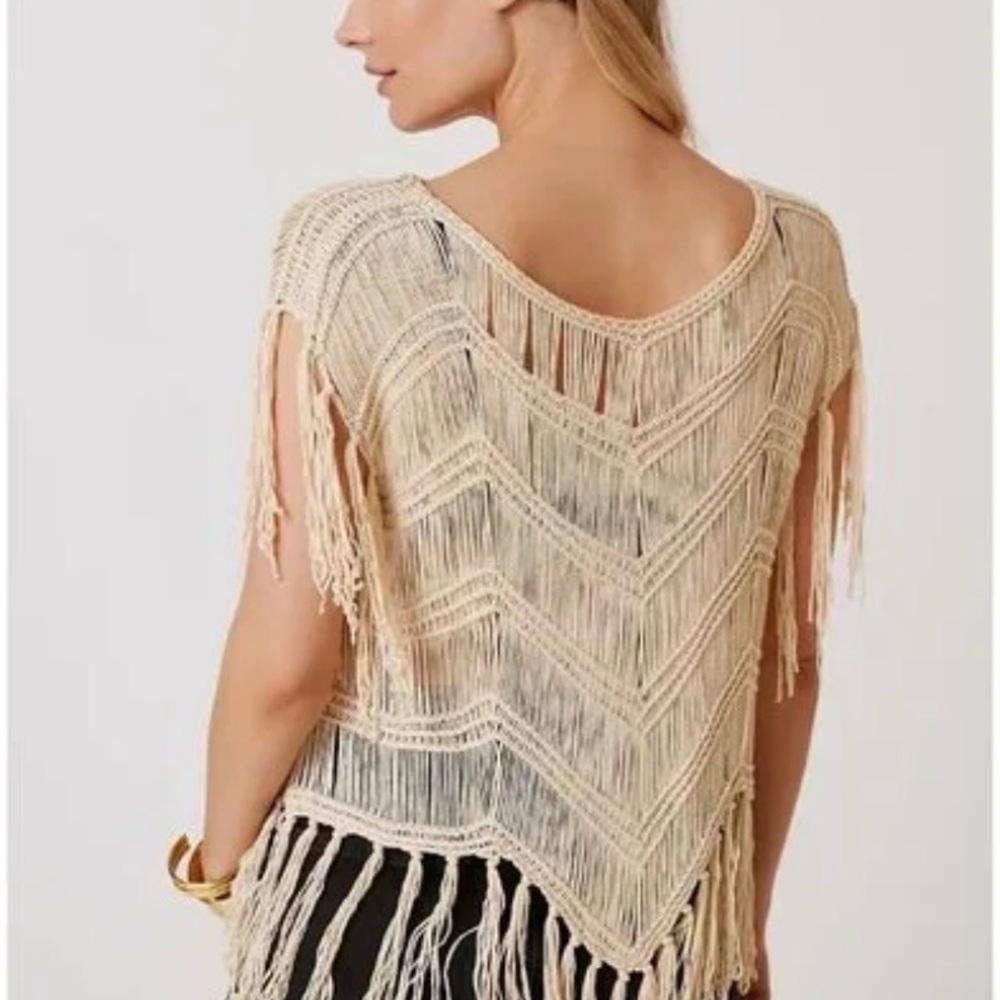 Anthropologie Ivory Crochet Fringe Poncho, Size One Size, EUC - Picture 2 of 10